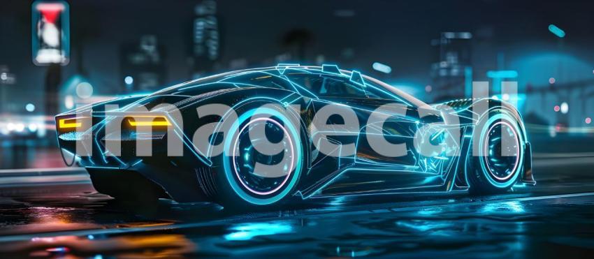 Futuristic Neon Car on dark background with copy space - Ai Generated
