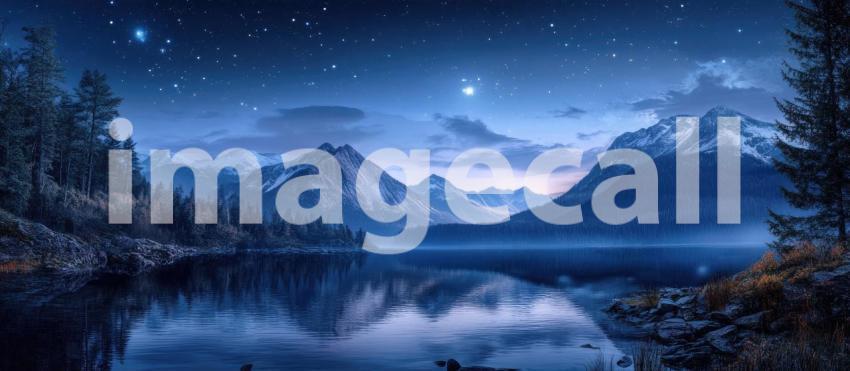 Starlit Mountain Lake: Fiery Sunset Glow Meets Night Sky, Reflections in Still Waters, a Serene Landscape of Contrasting Beauty.