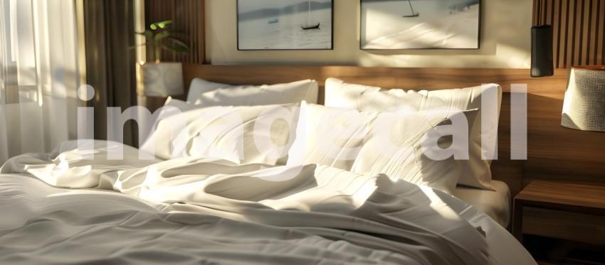 Comfortable bed with soft white pillows and bedding in bed backg