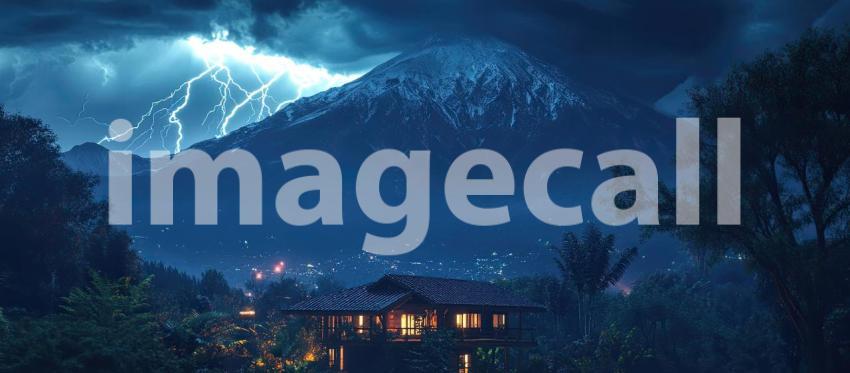 Volcanic Fury: A dramatic eruption illuminates the night sky, as molten lava flows down the slopes of a towering volcano, a breathtaking display of nature's raw power