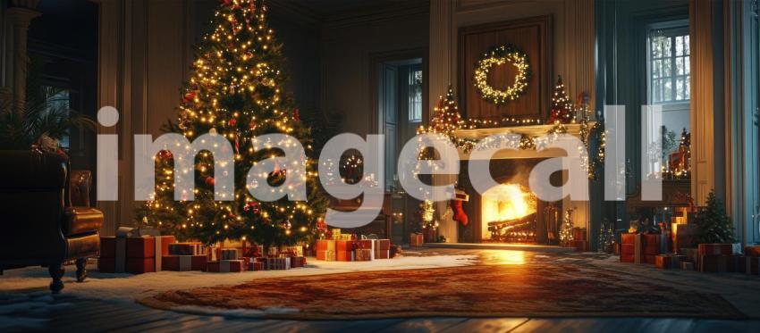 A beautifully decorated Christmas tree gleams with festive lights, casting a warm glow over a living room where a crackling fire burns in the hearth, creating a scene of holiday cheer and anticipation