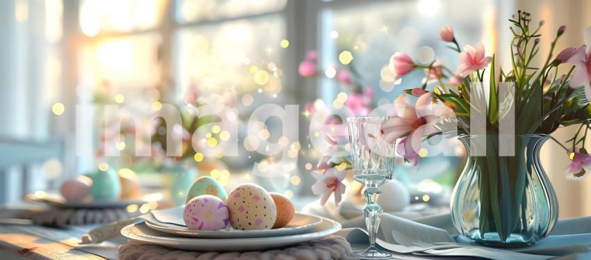 Easter table setting eggs and flowers decoration - Ai Generated