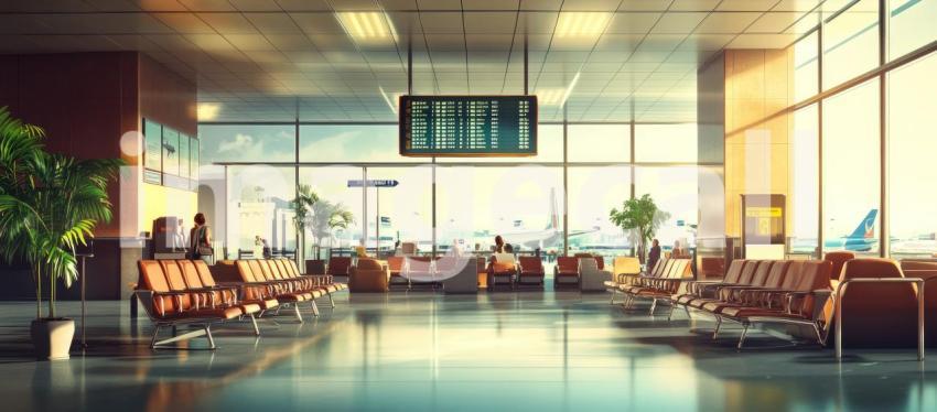 Waiting Area at Airport Terminal, Highlighting Tarmac Views, Flight Information Boards, and Anticipative Travelers