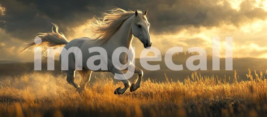 Spirit of Freedom: A majestic white stallion gallops across a golden field, mane and tail flowing in the wind, a symbol of untamed power