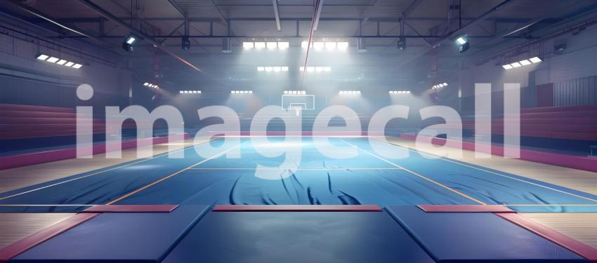 Dynamic Cheerleading Arena, Tumbling Mat with Stadium Lights background - Ai Generated