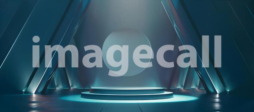 Futuristic Minimalistic Room with Circular Platform and Halo Light Fixture: A Serene, High-Tech Space with Geometric Symmetry and Sleek, Glossy Finish