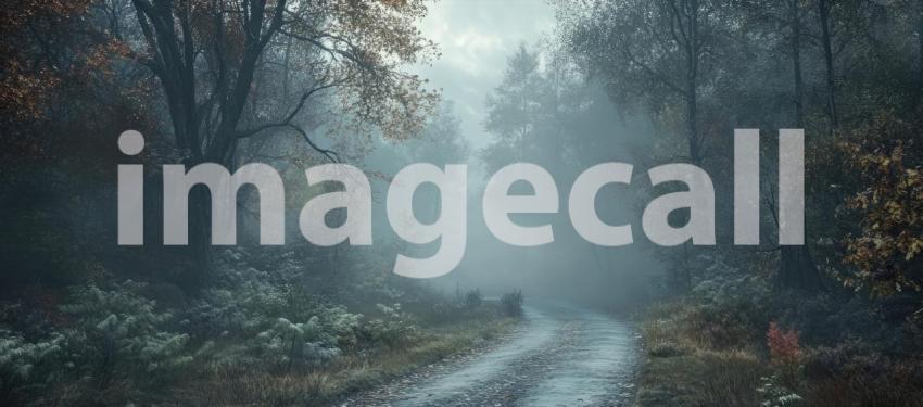 A winding road cuts through a vibrant autumnal forest, where golden leaves blanket the ground and a misty haze hangs in the air