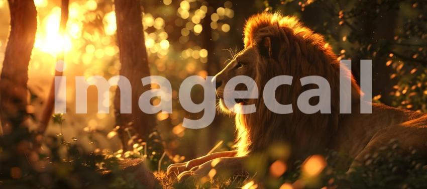 Lion at sunset in the forest background - Ai Generated