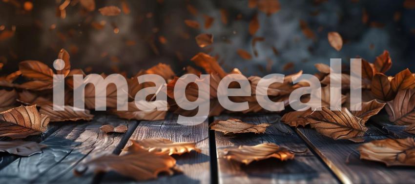 Autumnal Descent: A Rustic Tabletop Scene with Falling Leaves