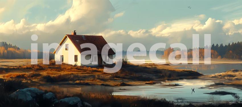 Lakeside Cottage Serene Rural Landscape Painting