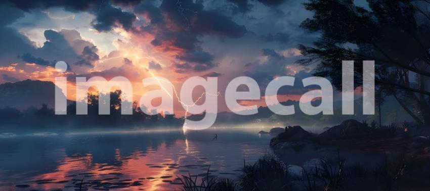 Fiery thunderstorm in the night sky over the forest, Storm on the sea, Stormy sky - Ai Generated