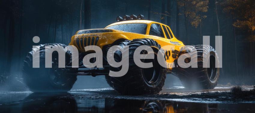 Muddy Mayhem: A rugged off-road vehicle powers through a muddy terrain, churning up a cloud of spray and showcasing its power and resilience