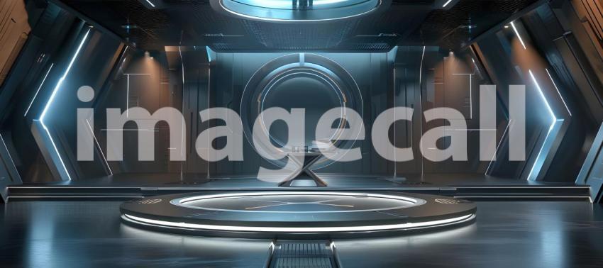 Futuristic Minimalistic Room with Circular Platform and Halo Light Fixture: A Serene, High-Tech Space with Geometric Symmetry and Sleek, Glossy Finish