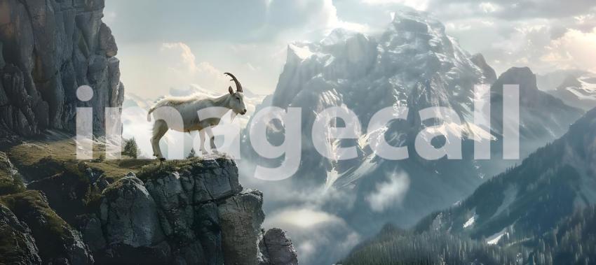 Goat climbing on top of mountain background - Ai Generated