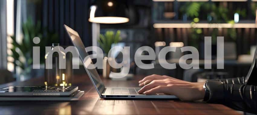 Hand typing on laptop computer while working in modern office ro