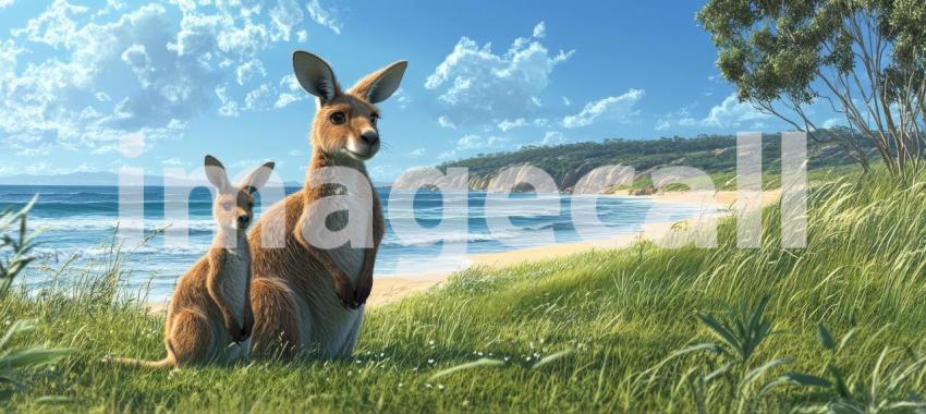 Coastal Kangaroo Companions: A mother and joey kangaroo survey their coastal surroundings