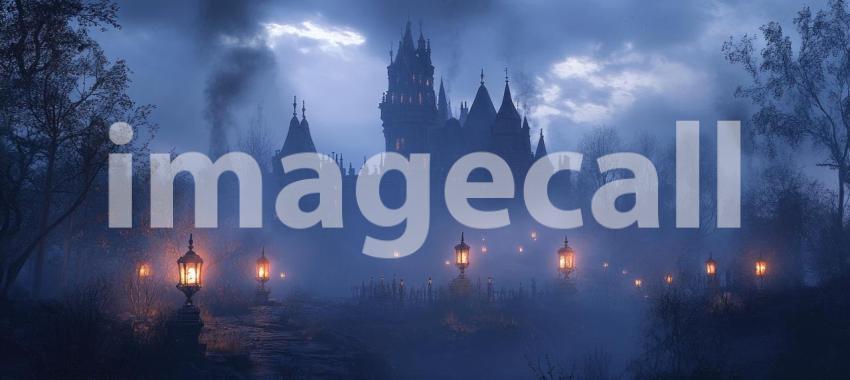 Dark Enchanted Castle with Glowing Lanterns and Mist, Mysterious Fantasy Background Design