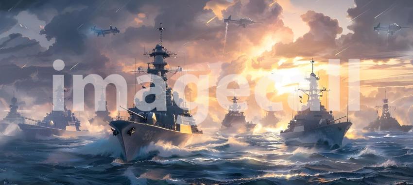 Naval Fleet in Sunset Ocean Background, Military Warships on Sea