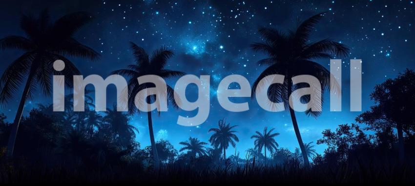 A serene tropical beach scene, bathed in the soft glow of a full moon, with swaying palm trees silhouetted against the starry sky