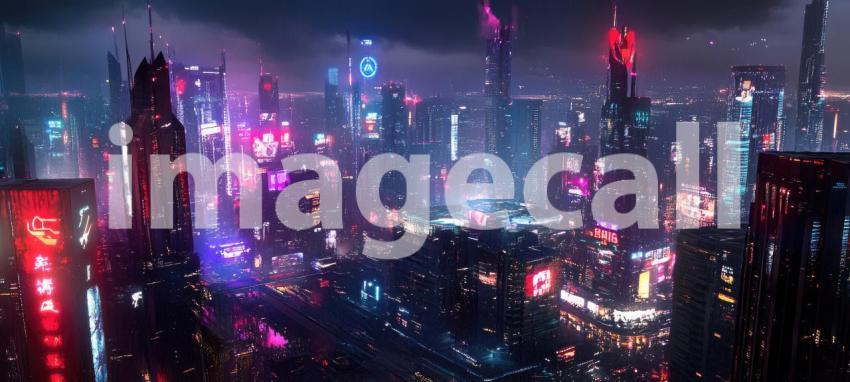 Cyberpunk Cityscape with Neon Lights and Futuristic Buildings - High-Tech Urban Nightscape Background Design