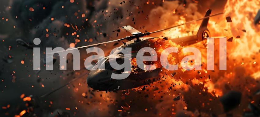 Helicopter Crash with Burning Wreckage Background, Fiery Helicop