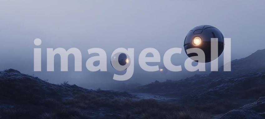 Mysterious Spherical UFOs Over Foggy Landscape