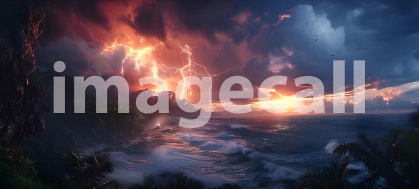Fiery thunderstorm in the night sky over the forest, Storm on the sea, Stormy sky - Ai Generated