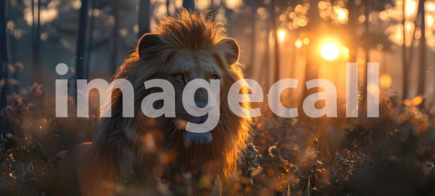 Lion at sunset in the forest background - Ai Generated