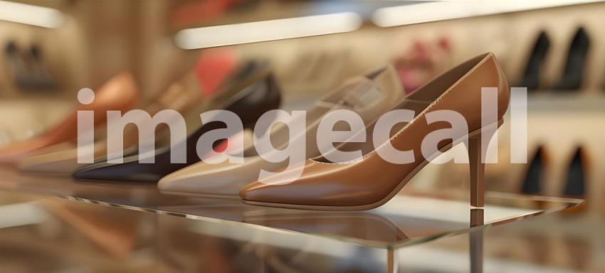 Beautiful women's shoes on a shelf in the store background - Ai