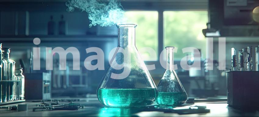 Elixir of Discovery: Conical Flasks Filled with a Golden Liquid Rest on a Laboratory Table, Glowing Under the Light of Scientific Exploration