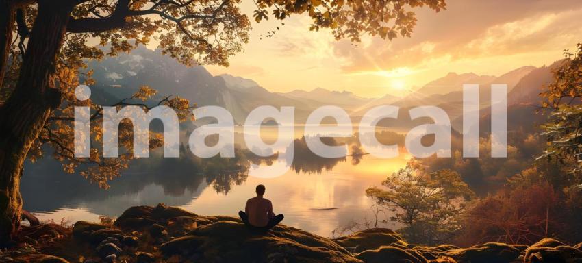 Serene landscape with a person sitting on a rock by a calm lake