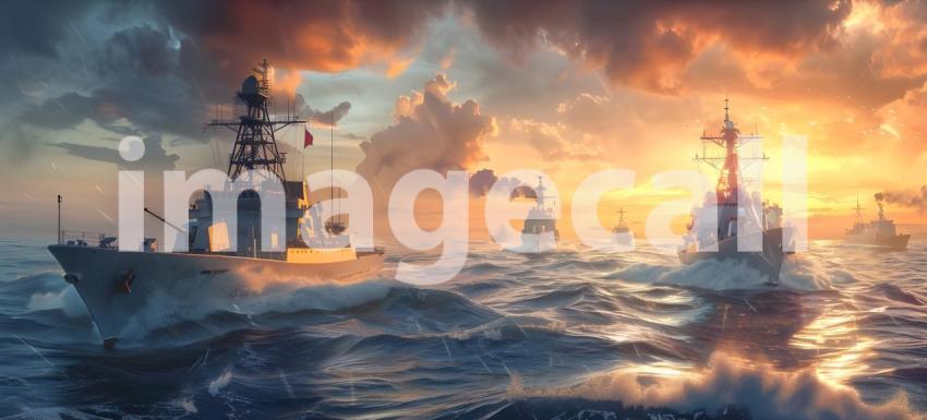 Naval Fleet in Sunset Ocean Background, Military Warships on Sea