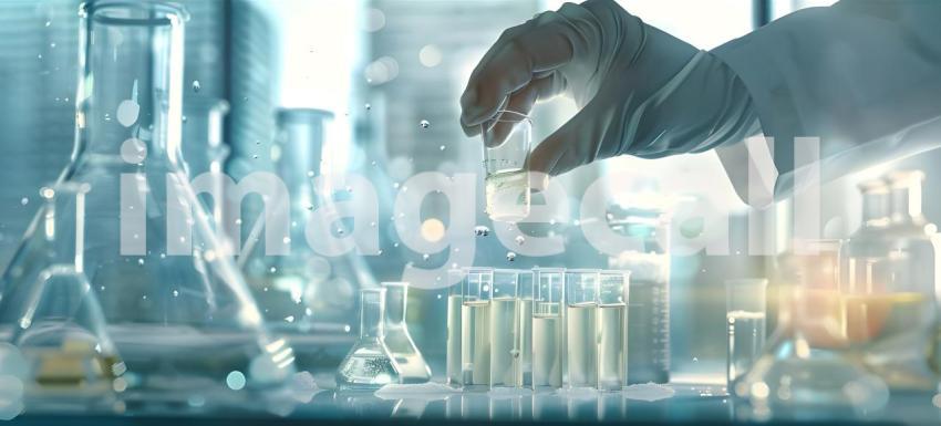 Scientist hand dropping chemical liquid into test tube background - Ai Generated