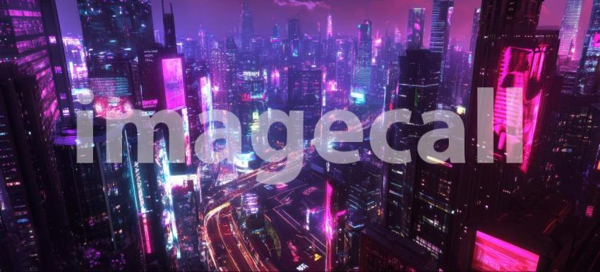 Cyberpunk Cityscape with Neon Lights and Futuristic Buildings - High-Tech Urban Nightscape Background Design