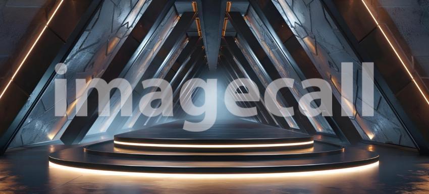 Futuristic Minimalistic Room with Circular Platform and Halo Light Fixture: A Serene, High-Tech Space with Geometric Symmetry and Sleek, Glossy Finish