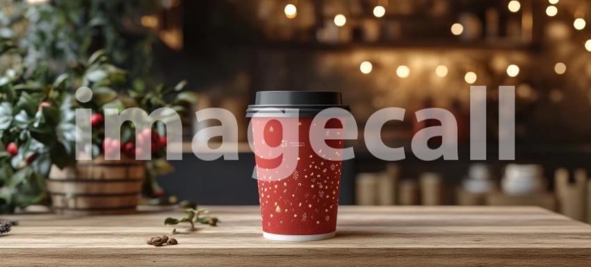 Sunlight streams through a cafe window, casting dappled shadows on a wooden table where a steaming cup of coffee rests, wrapped in a cozy sleeve