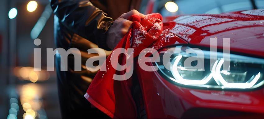 Man hand holding microfiber cloth polishing car background - Ai Generated