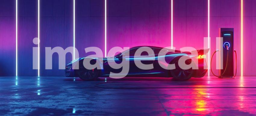 Neon Nights: A Sleek Electric Car Glows Under a Vibrant Canopy of Neon Lights, Plugged into a Charging Station, Ready for the City Electrifying After-Dark Adventures
