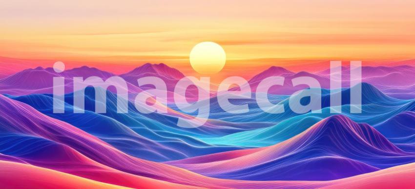 A Sun-Kissed Horizon: A Vibrant Abstract Landscape of Mountains Bathed in Warm, Golden Light