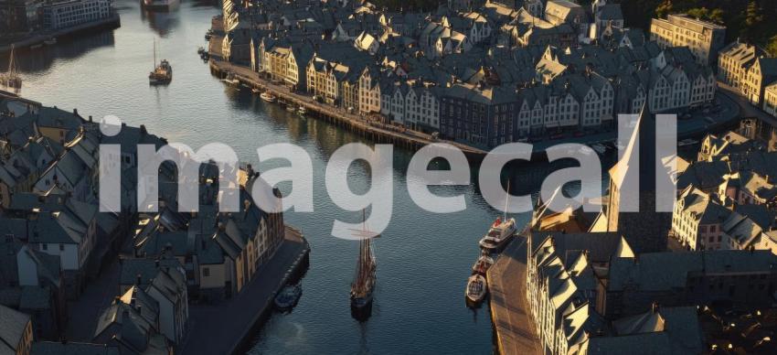 Aerial View of a Charming Coastal Town with Harbor and Colorful Buildings