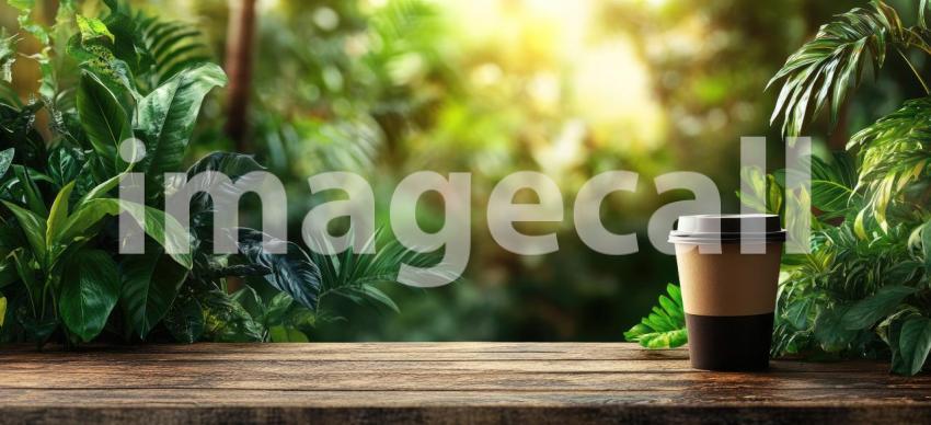 Sunlight streams through a cafe window, casting dappled shadows on a wooden table where a steaming cup of coffee rests, wrapped in a cozy sleeve