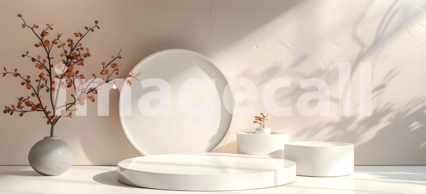 Minimalist scene with round podium and geometric shapes for product presentation - Ai Generated