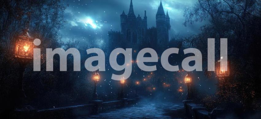 Dark Enchanted Castle with Glowing Lanterns and Mist, Mysterious Fantasy Background Design