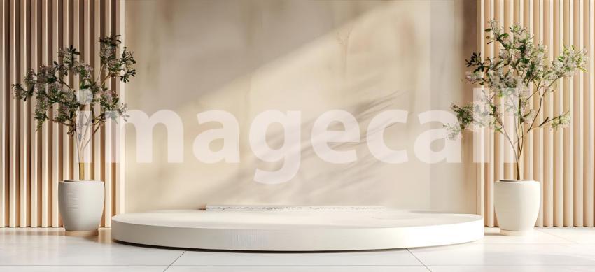 Minimalist scene with round podium and geometric shapes for product presentation - Ai Generated