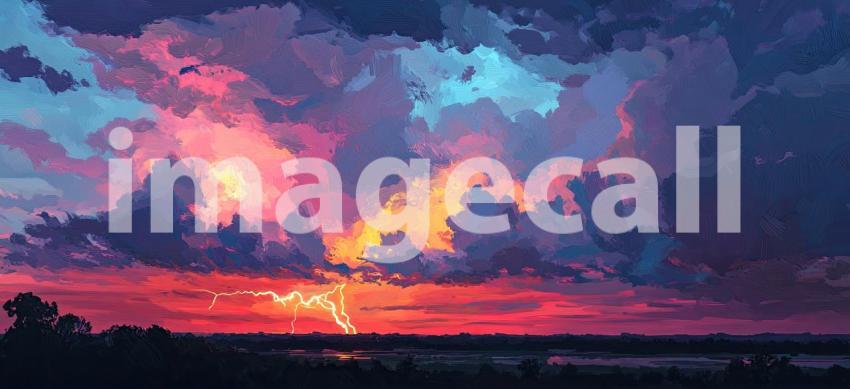 Celestial Fury: A dramatic storm rages across the canvas, where streaks of lightning illuminate a canvas of vibrant pink and blue clouds