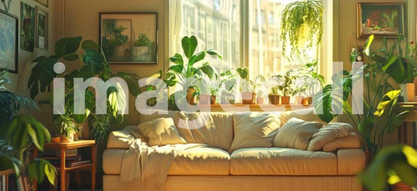Indoor Jungle Retreat: Lush Green Plants Surround a Cozy Couch, Sunlight Streams Through Window, a Tranquil, Botanical Haven.