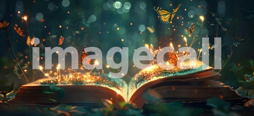 Open magic book with growing lights, magic powder and butterflie