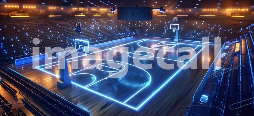Basketball arena with glowing court and high-tech illuminated stands - Ai Generated