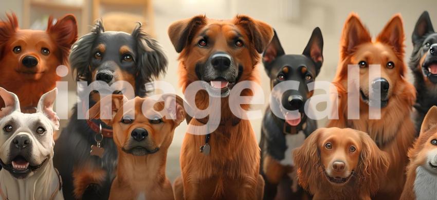 Dogs of different breeds happily gathered together and looking at camera background, - Ai Generated