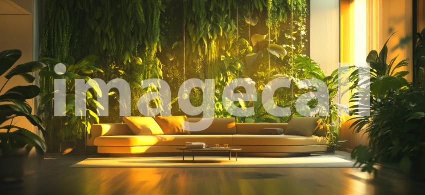 Opulent Living Room Interior with a Modern Christmas Tree, a Marble Wall Feature, and a Plush Red Sectional Sofa